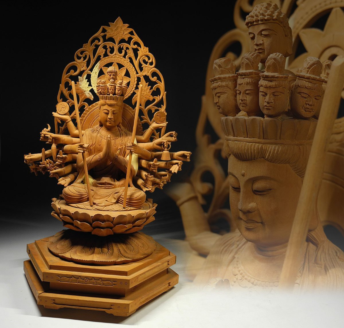 緑屋h■木彫 千手観音座像 仏像 高約35.5cm　i2o/7-243/25-2#100
