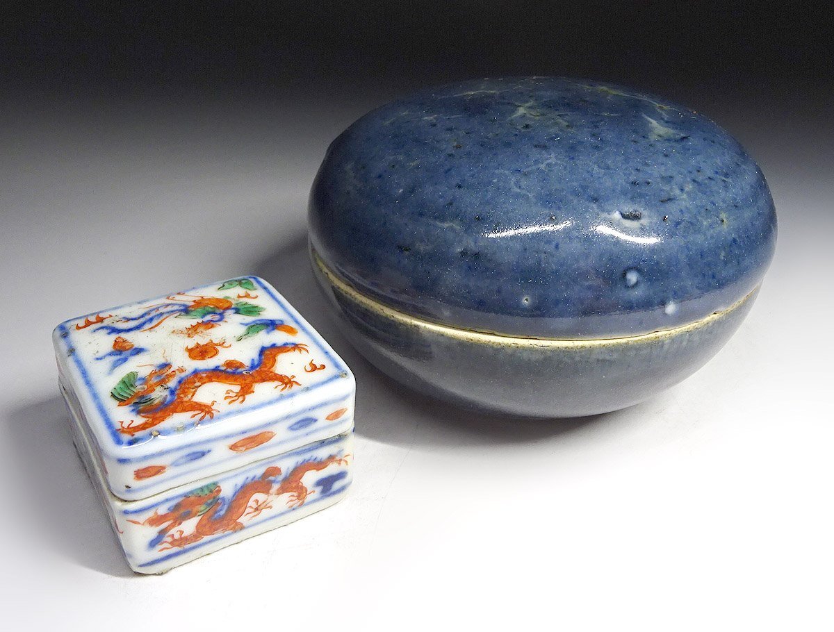 緑屋s■ 中国古玩　瑠璃釉 五彩　香合　2点　唐物 時代物　i9/6-6777/30-5#60