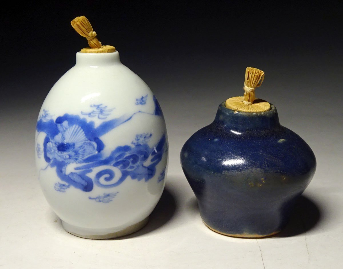 緑屋c■ 時代物　振出 茶入　2点　瑠璃釉 染付　唐物 中国古玩 古瀬戸 茶道具　i9/6-6809/4-2#60