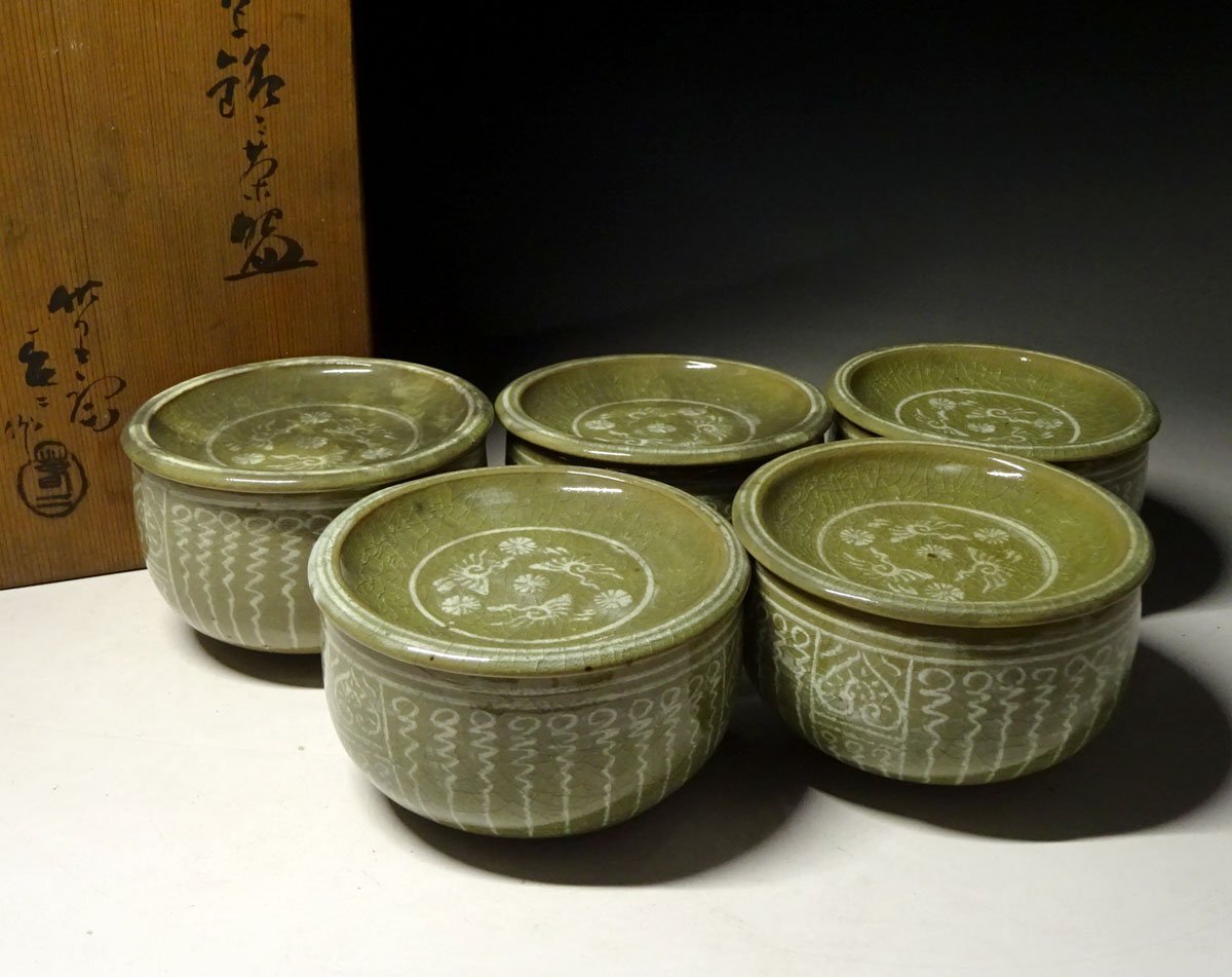 緑屋c■ 時代物　加藤春二　三嶋 銘々茶碗　5客　共箱　i9/6-6769/8-2#80