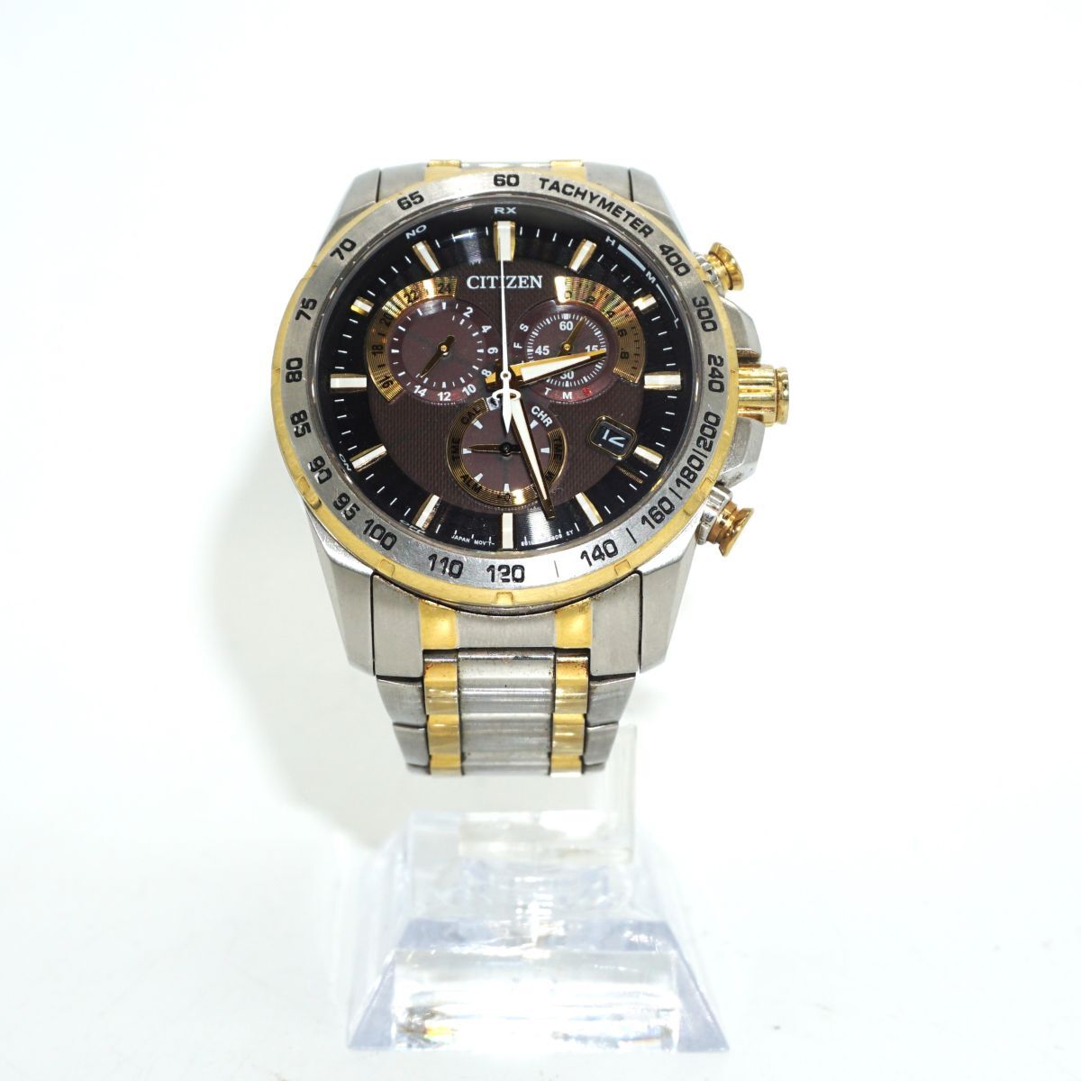 【未点検・未清掃】CITIZEN E610-S104840 シチズン 電波ソーラー デイト クロノグラフ ブラック文字盤