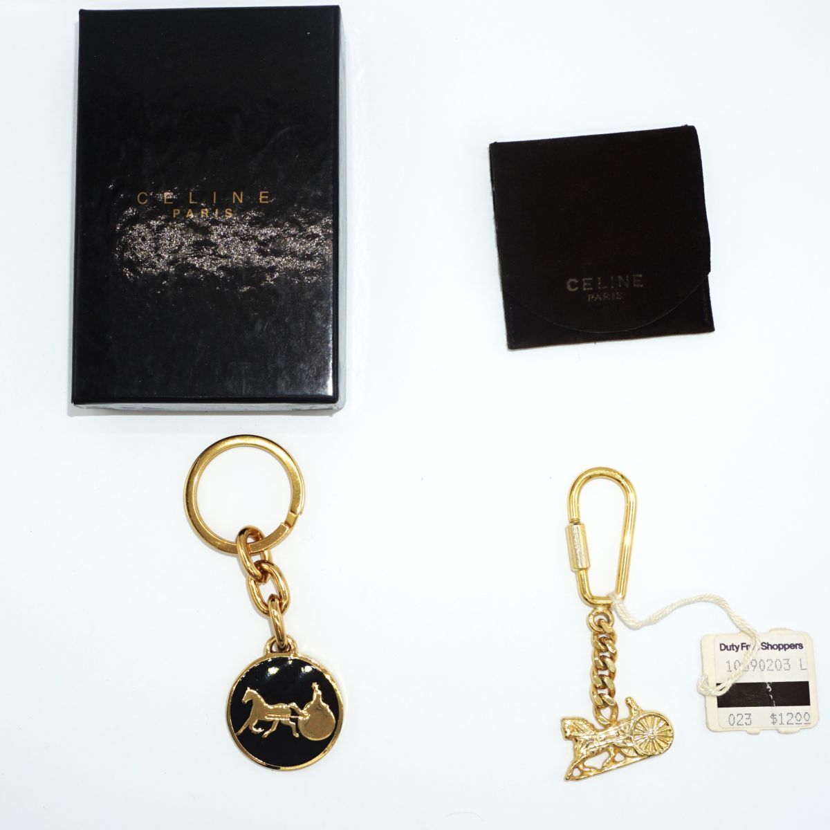 【中古品】CELINE キーホルダー 馬車ロゴ 箱付き チャーム アクセサリー ゴールドカラー【2個セット】