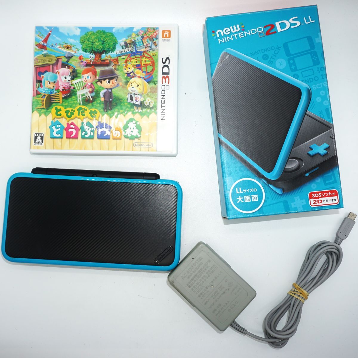 【中古品】Newニンテンドー2DS LL ブラック×ターコイズ 通電確認済 あつまれどうぶつの森