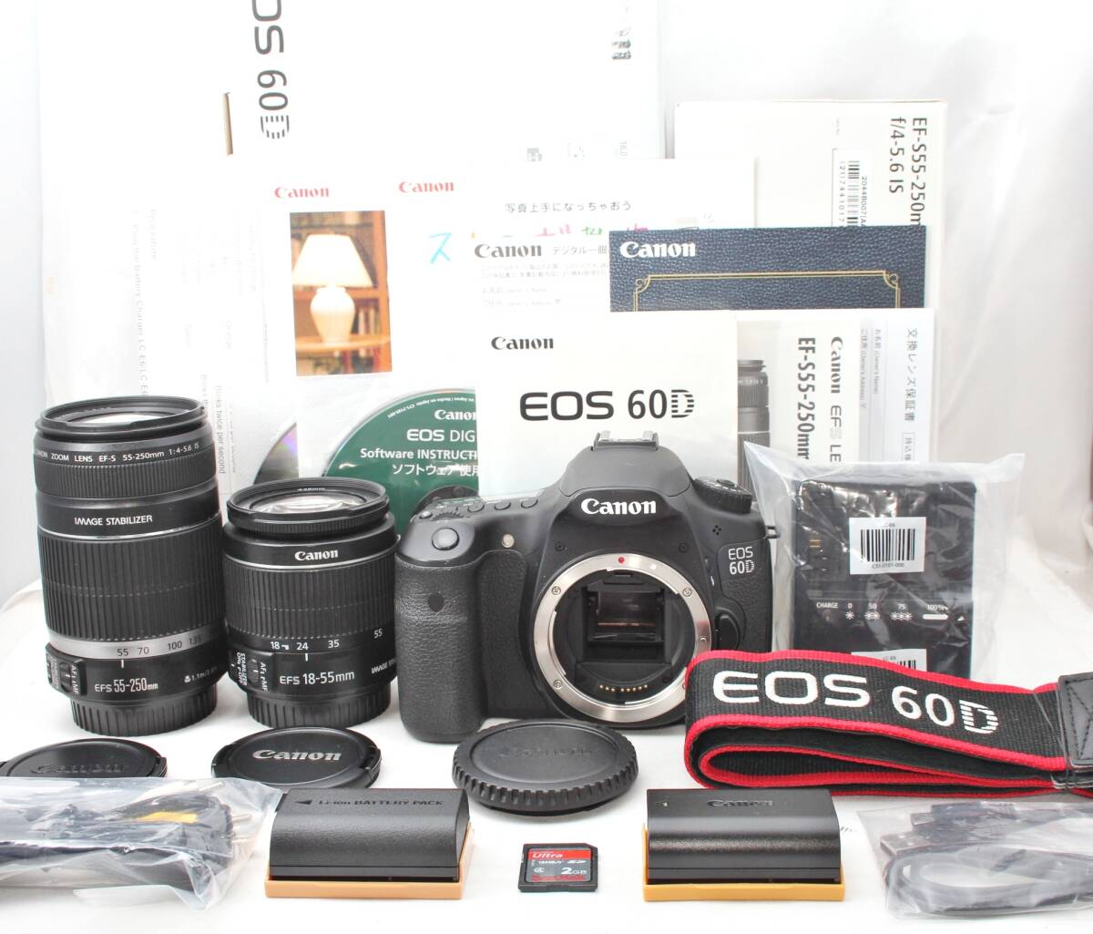 ★【動作〇 極上美品 おすすめ】 Canon EOS 60D ★ EF-S18-55mm IS II EF-S55-250mm IS ★ SanDisk 2GB SDカード付き バッテリー2本