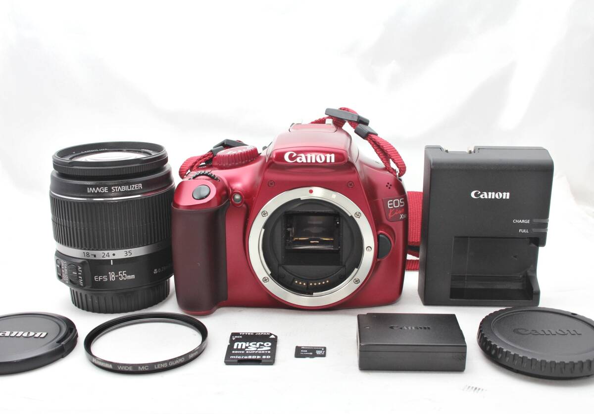 ★【動作〇 極上美品 すぐ使えるセット】 Canon EOS Kiss X50 レッド ボディ ★ EF-S18-55mm F3.5-5.6 IS ★ バッテリー＆充電器 microSD