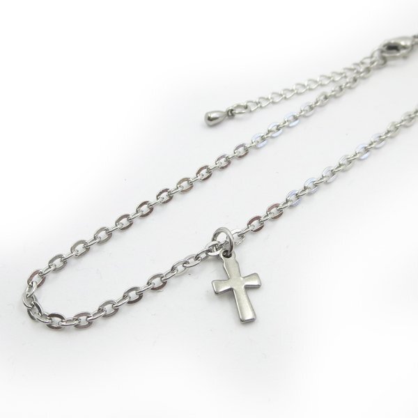ステンレスチェーンアンクレット平小豆2.4mm ミニクロスチャーム付き 30cm(26cm+4cmアジャスター)　FN200