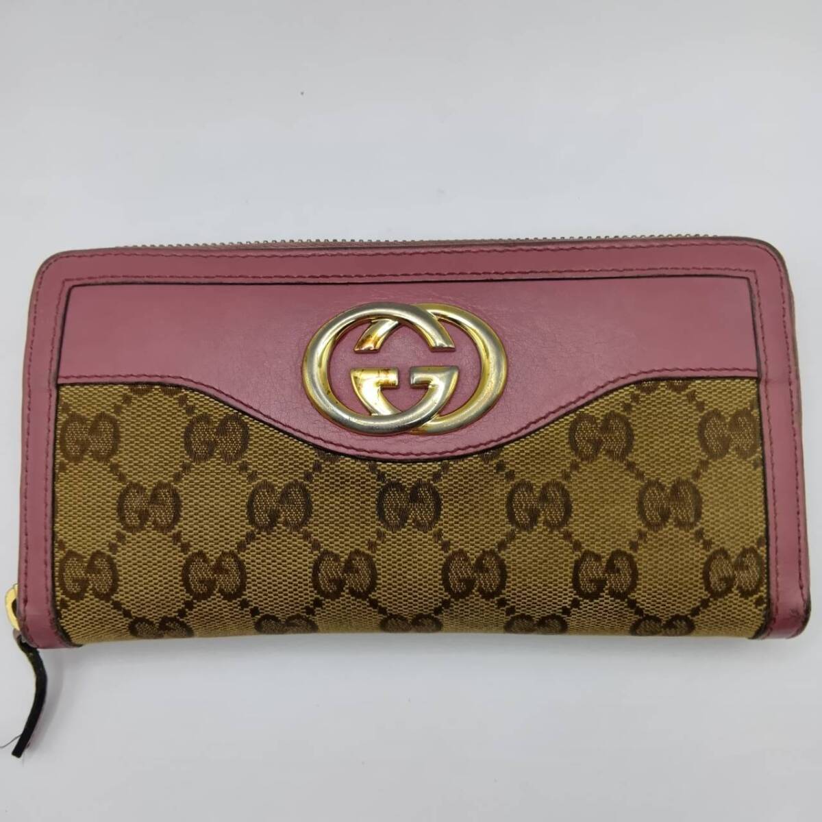 GUCCI 長財布 GG レザー キャンバス　ラウンドファスナーインターロッキング　中古品