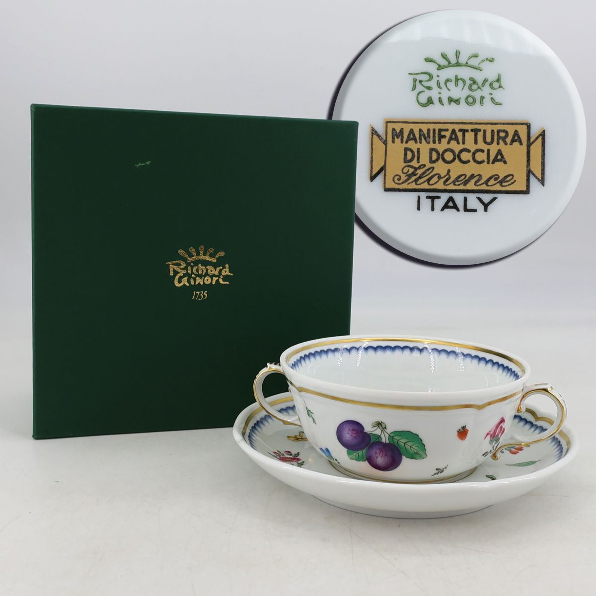e5511 新品未使用【RichardGinori】イタリアンフルーツ　スープカップ＆ソーサー　共箱　リチャードジノリ