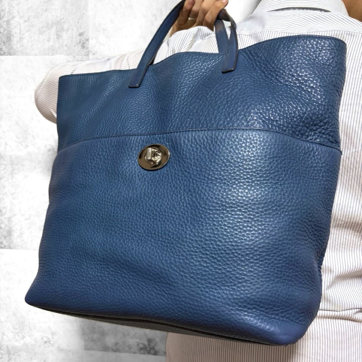 希少カラー/大容量◎ コーチ COACH メンズ A4収納 ビジネス 肩掛け トートバッグ ターンロック ロゴ型押し レザー 本革 ブルー 青 入手困難