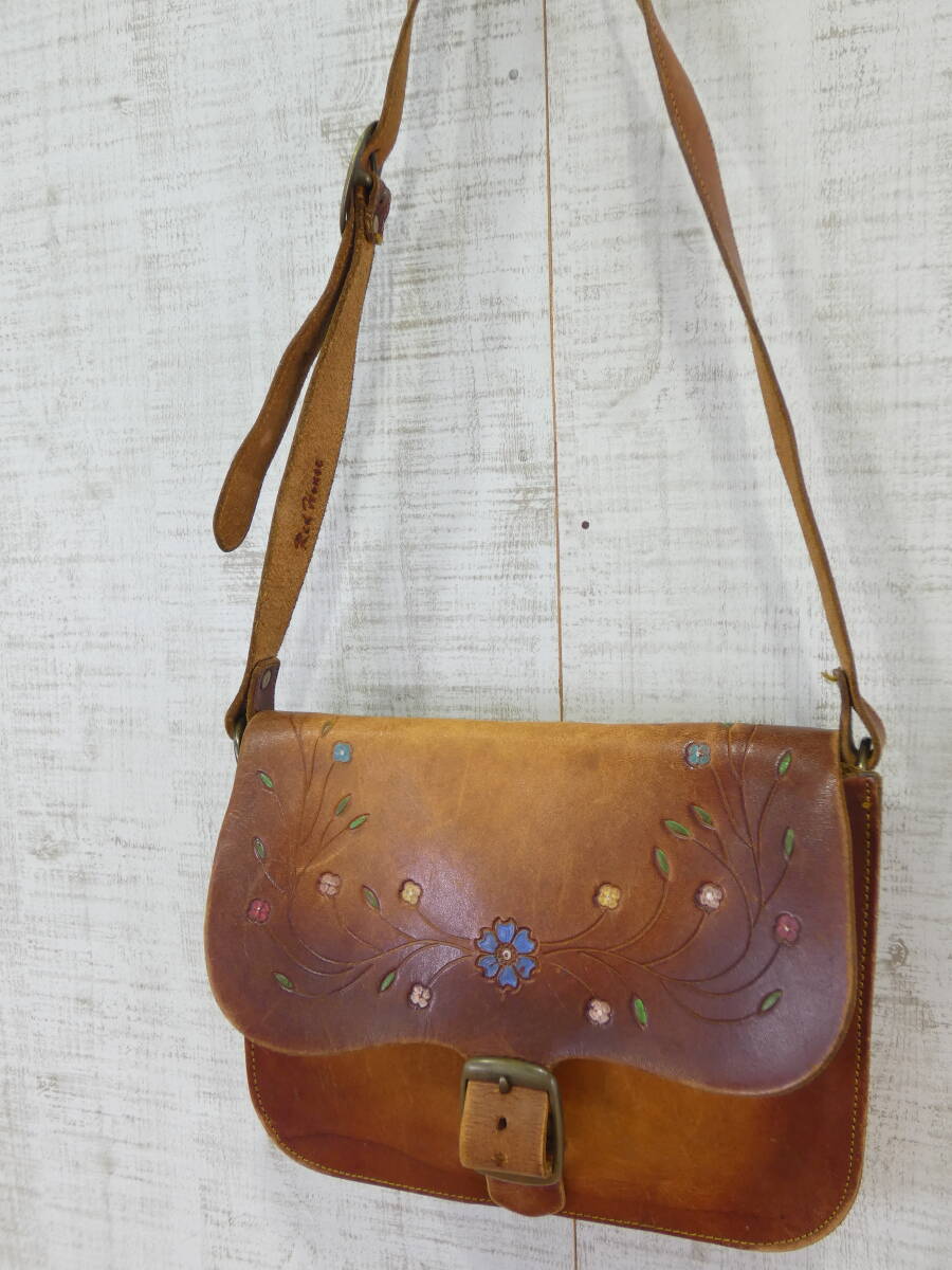 USED【UNKNOWN】HIPPIE BAG★70’s ビンテージ/アンティーク/ヒッピーバッグ/ショルダー/レザー/カービング/小花柄/状態考慮@80