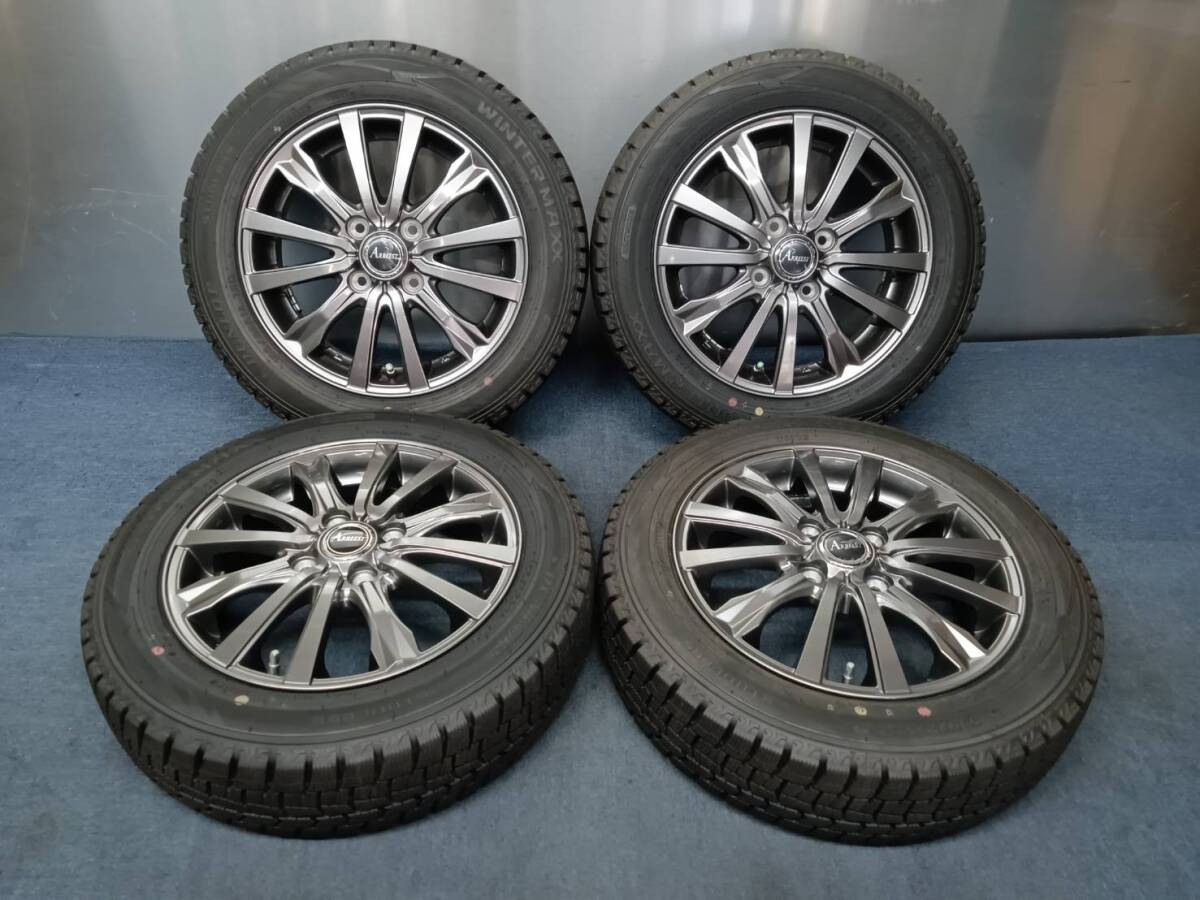 ★9-9.5分山★23年製★ ダンロップ WM02 155/65R14　社外ホイール 14×4.5J +45 4H-100 4本セット スタッドレス 軽自動車等　A154