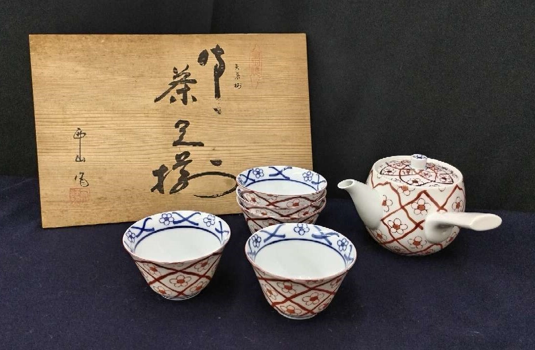 1円～【未使用品】有田焼 西山窯 西山作 御茶器揃 急須＆湯呑5客セット 吉祥文様 天啓赤絵花網文 共箱入り 伝統工芸【保管品】80