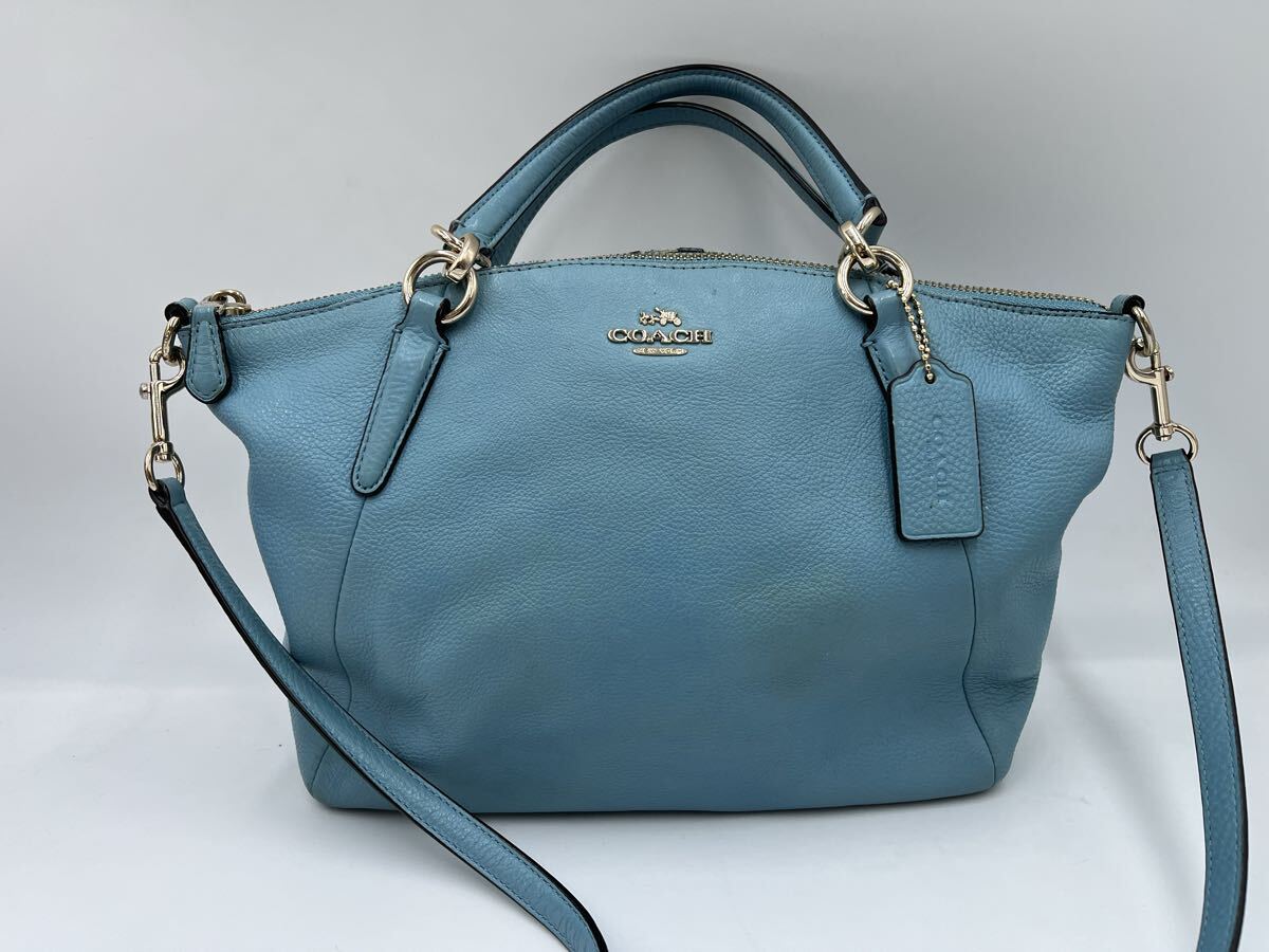 COACH コーチ 2WAY レザー ハンドバッグ ショルダーバッグ 水色 ライトブルー チャーム付 レディース