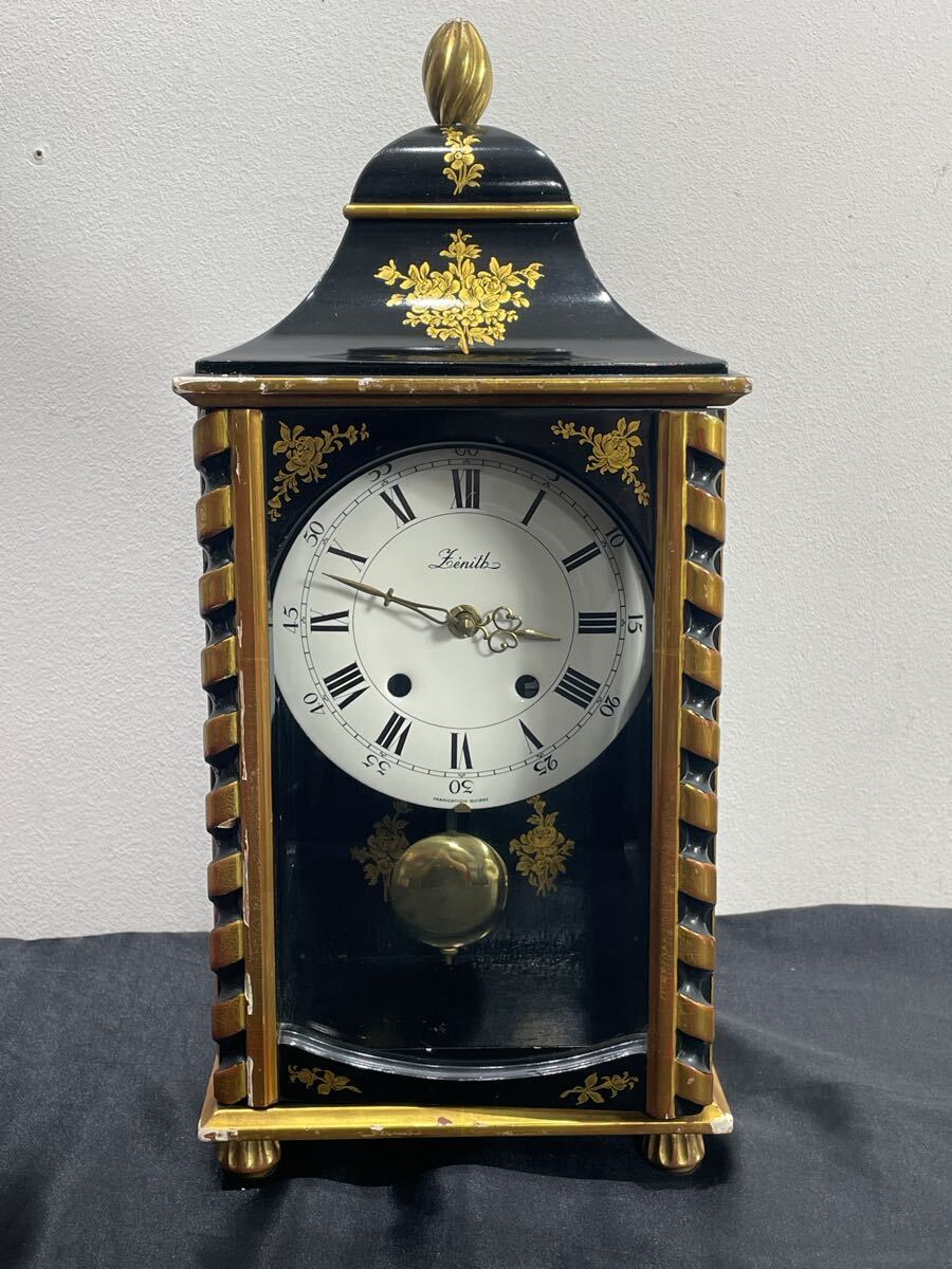 100 7.2.8.2 【稼働品/現状品】ZENITH ゼニス ヌーシャテル 振り子時計 置時計 スイス製 機械式 ゼンマイ 手巻き 漆調 黒金 アンティーク