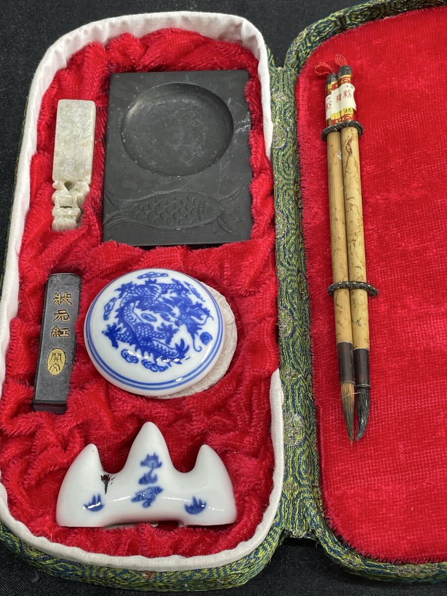 プラス　8.17.23 お84 中国工芸 書道セット 硯 墨 筆 筆置き 印泥 印鑑 文房四宝 唐物 骨董