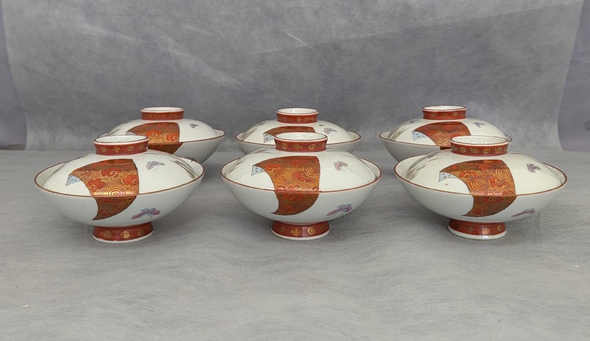 九谷焼 蓋物 菖蒲に蝶図 6客 12cm 蓋付碗 金彩 赤絵 永楽 吉祥文 レトロ 中古 九谷 KUTANI WARE made in Japan 現状お渡し