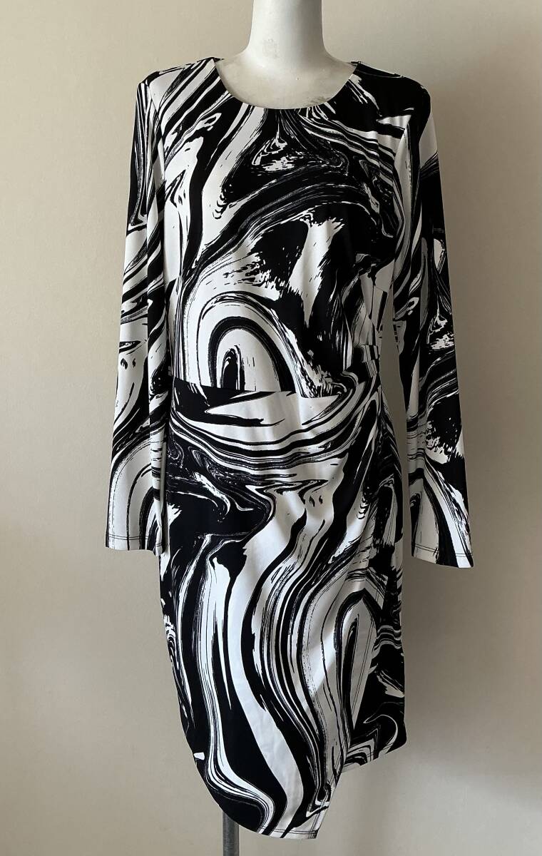 DKNYダナキャランニューヨーク新品10♪BlackWhite水彩模様美シルエットラップワンピース
