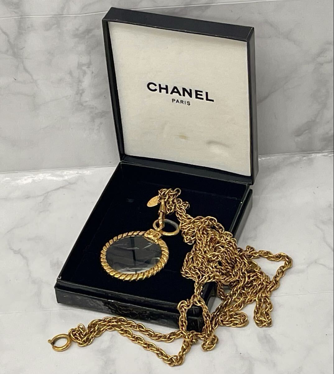 B 送料無料 CHANEL シャネル ルーペペンダント チェーン ロングネックレス ゴールド 外箱 ヴィンテージ アクセサリー アンティーク 中古品