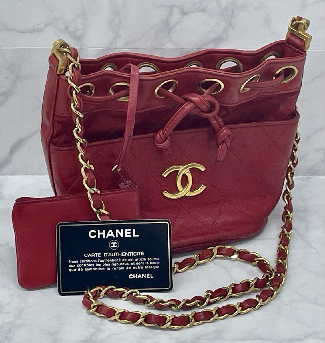 B シャネル CHANEL チェーンショルダーバッグ 0番台 レッド 赤 ラムスキン 巾着 ココマーク ギャランティカード ヴィンテージ 高級 中古品