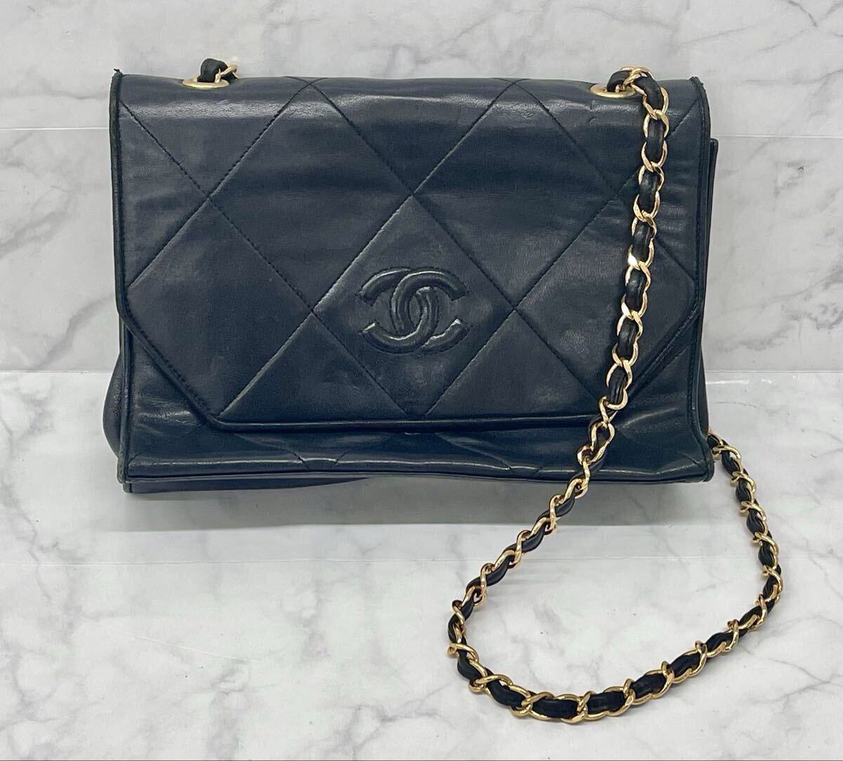 B シャネル CHANEL マトラッセ チェーンショルダーバッグ ラムスキン ブラック 黒 ダイヤステッチ ココマーク ビンテージ 高級品 中古品