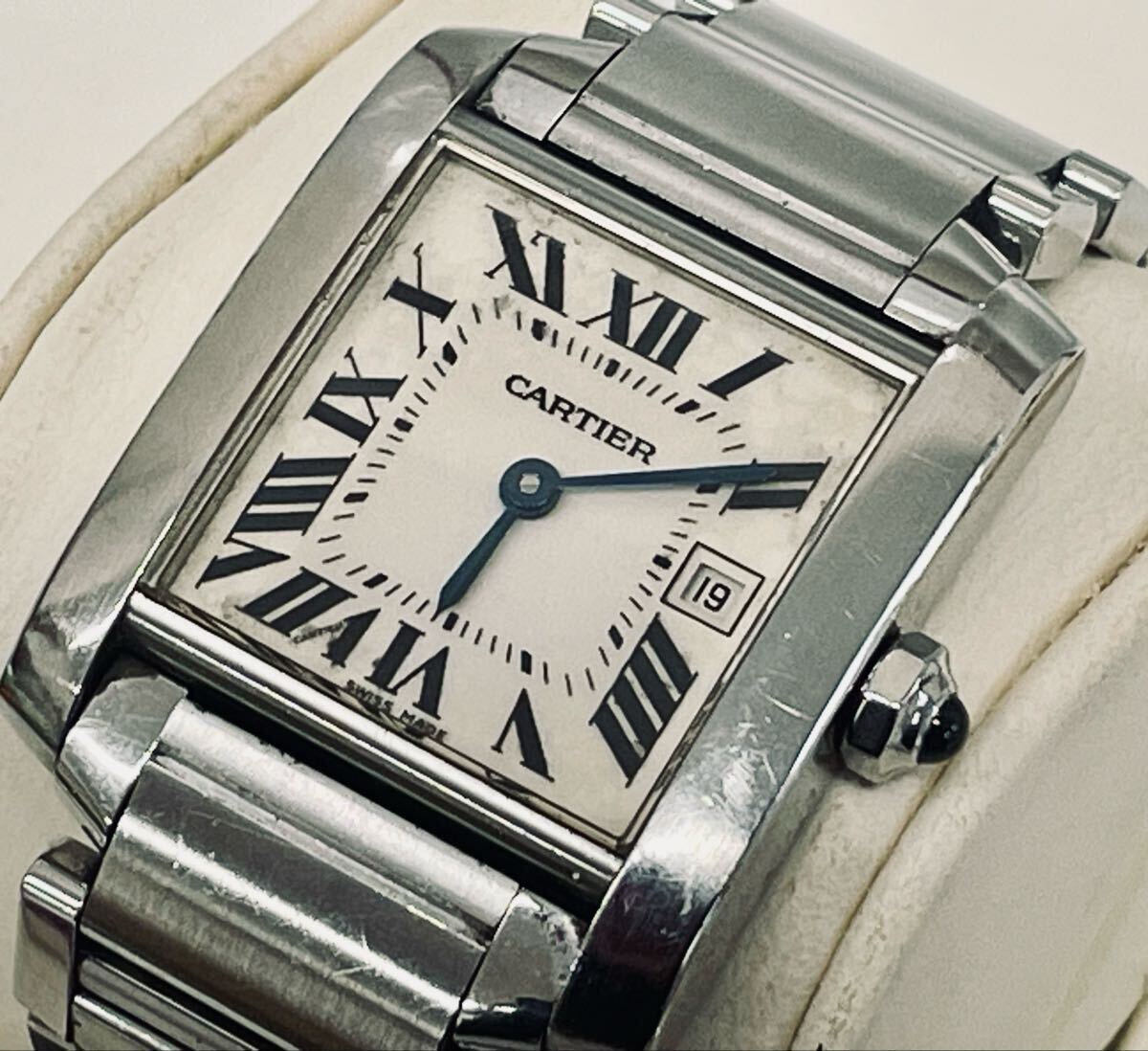 S カルティエ Cartier タンクフランセーズMM レディース腕時計 デイト アイボリー SS ケース付き クォーツ 動作未確認 中古品