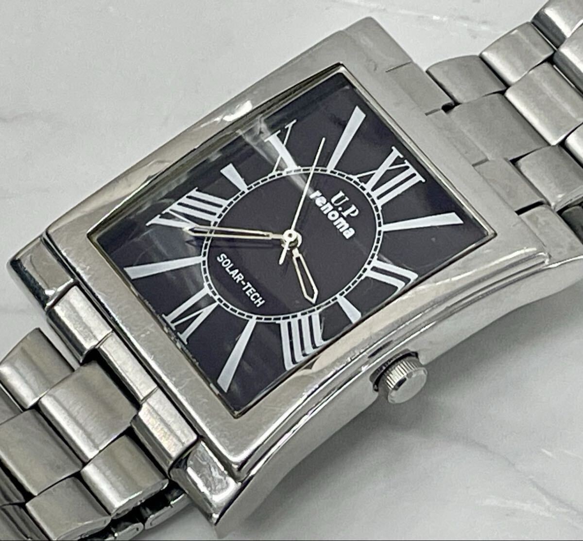 B 稼働品 U.P.renoma レノマ メンズ腕時計 E031-8050120 CITIZEN シチズン ソーラー スクエア 3針 黒文字盤 ヴィンテージ 中古品
