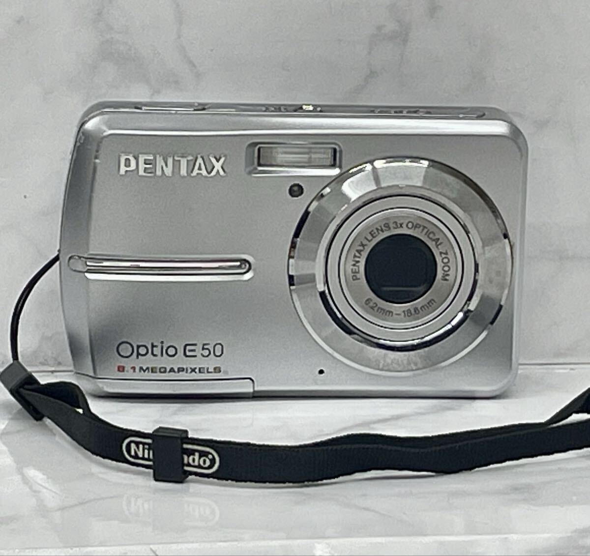 B 通電確認済 PENTAX Optio E50 ペンタックス オプティオ デジタルカメラ シルバー 8.1メガピクセル 単三電池2本要 動作未確認 中古品