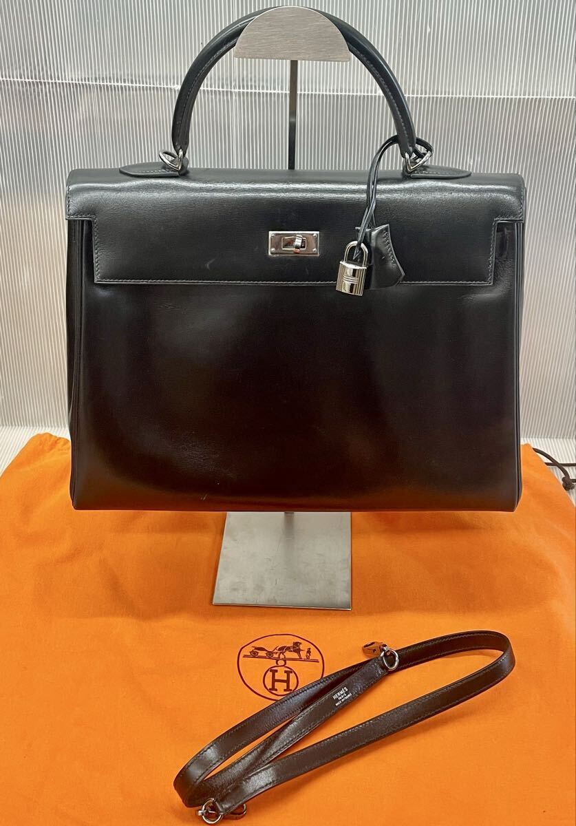H2 エルメス ケリー35 HERMES Kelly ハンドバッグ ショルダーバッグ シルバー金具 外袋 2way ブラック 黒 高級品 比較的美品 中古