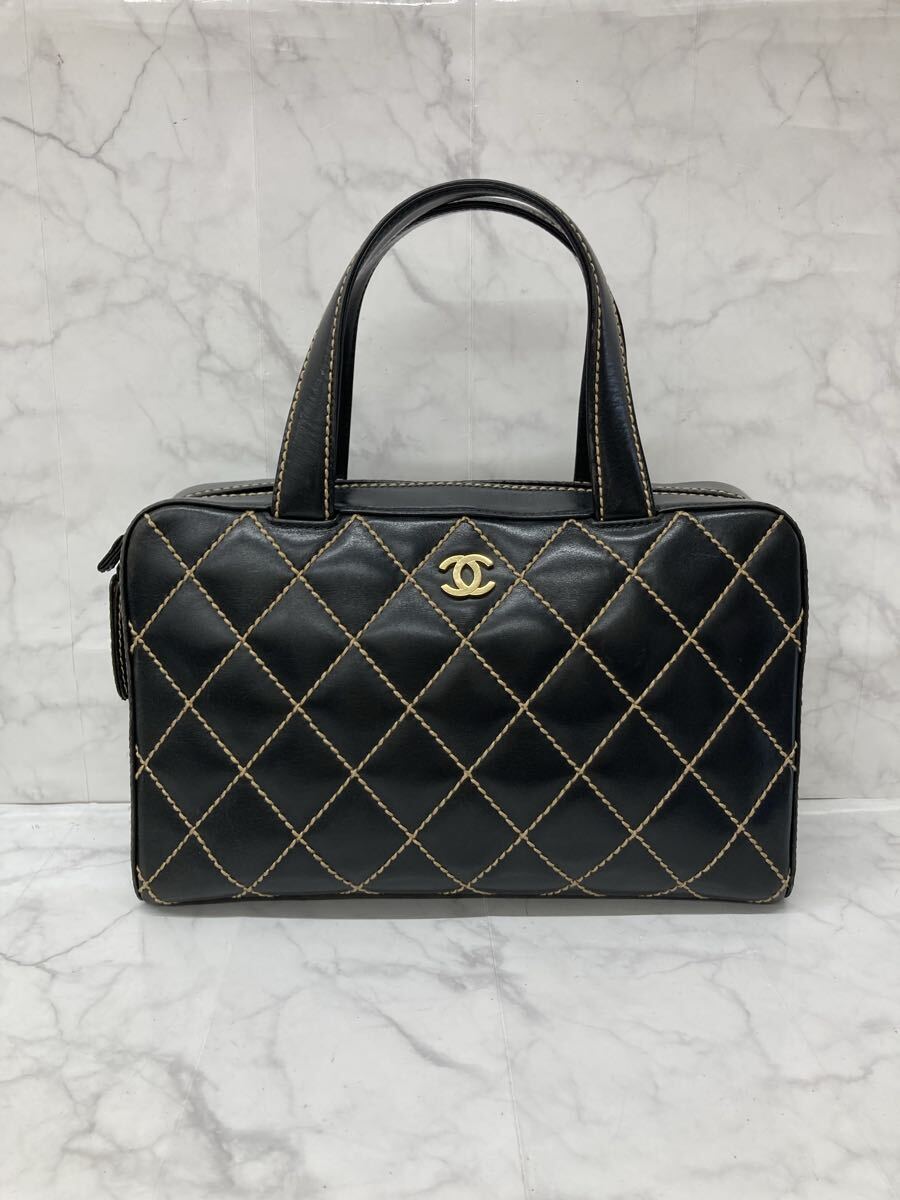 S シャネル CHANEL ワイルドステッチ ハンドバッグ ブラック レザー ココマーク ゴールド レディース ヴィンテージ ブランド 高級品 中古 