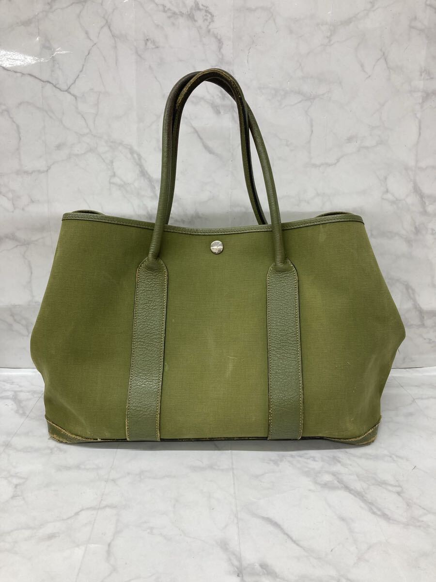 S エルメス HERMES ガーデンパーティ トートバッグ キャンバス レザー トワルオフィシエ グリーン系 ヴィンテージ ブランド 高級品 中古
