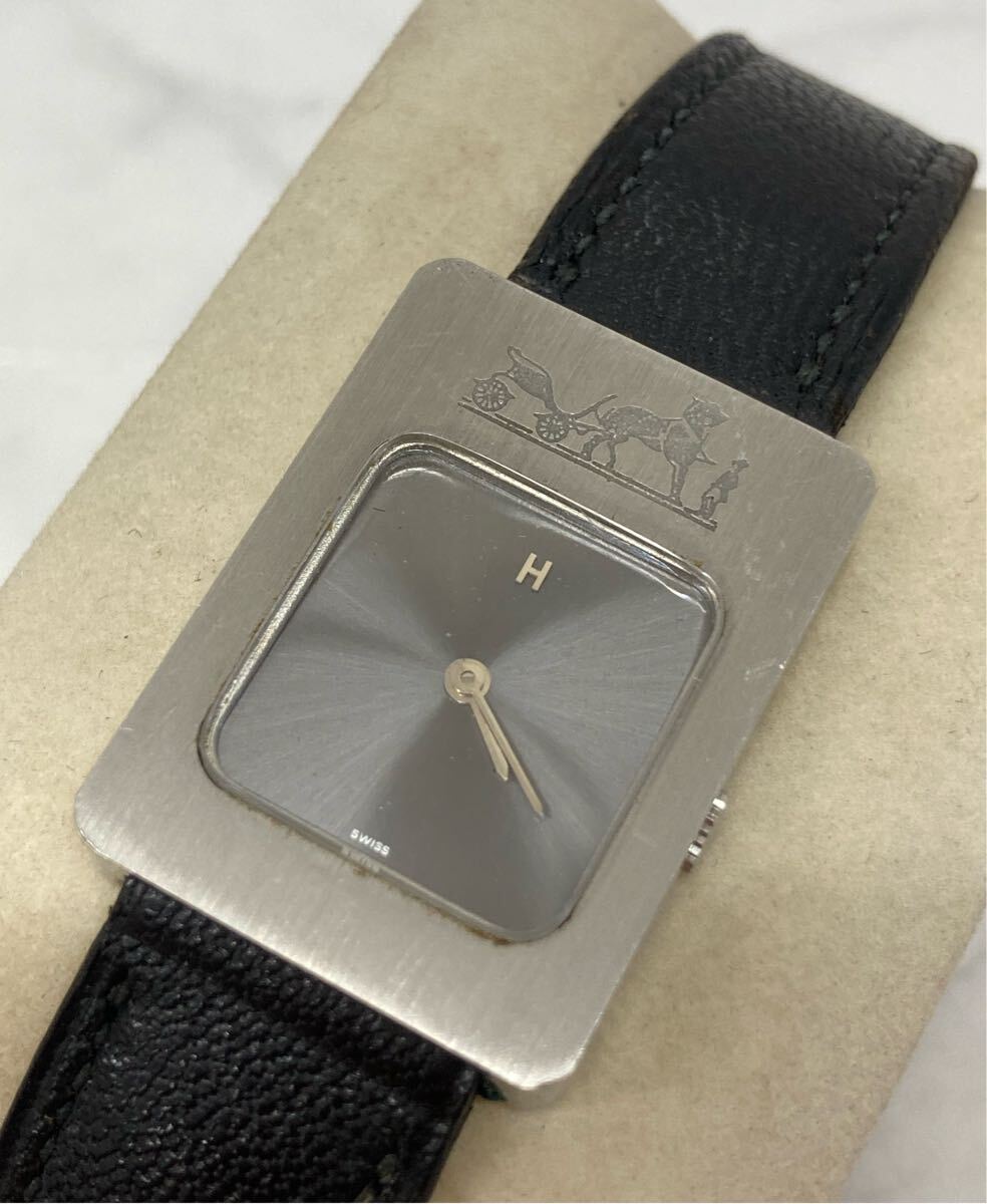 S 稼動品 エルメス HERMES カレーシュ 手巻き 腕時計 ヴィンテージ レザーベルト 中古品 シルバー レクタンレギュラーケース