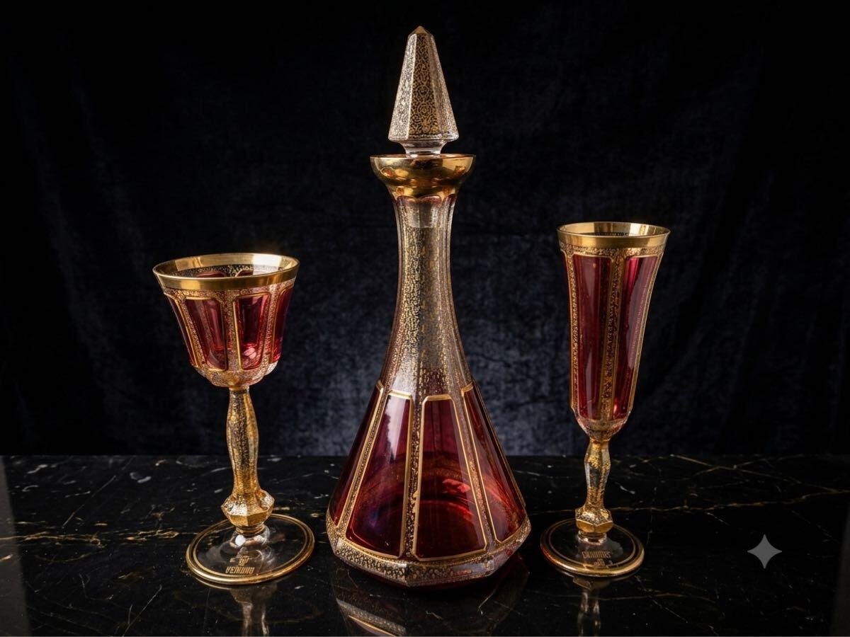 【当時物】ムラーノガラス MURANO vetri デキャンタ グラス ワイングラス 金彩 酒器セット アンティーク ムラーノ 赤 レッド 