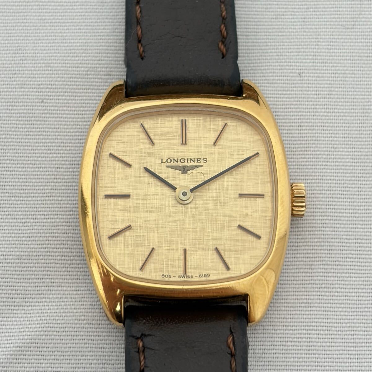 0005【0811 B-5560】LONGINES ロンジン 805-6189 手巻き ゴールド文字盤 スクエア レディース 腕時計 稼働品
