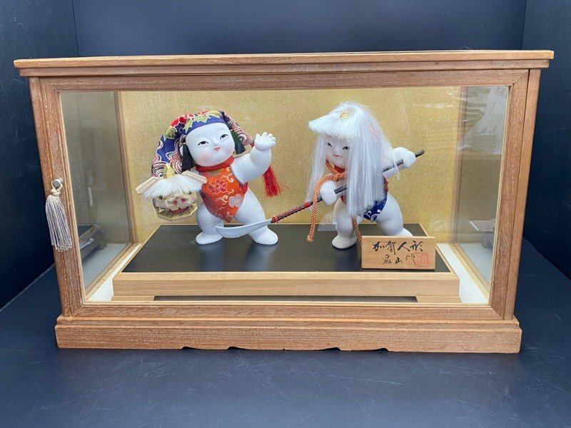加賀人形 中島めんや 扇山作 二人立 獅子舞 ガラスケース付 加賀百万石 前田利家 加賀獅子 インテリア ディスプレイ ☆ちょこオク☆140
