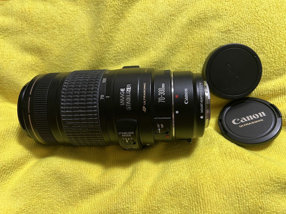 Canon EF 70-300mm F4-5.6 IS USM 超望遠ズームレンズ 純正前後キャップ・三脚座・EF-EOS Mアダプター付 長期保管品 1円スタート 送料無料 