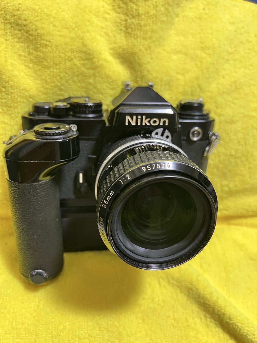 Nikon FE2 + NIKKOR 35mm F2 レンズ付き モータードライブ付 シャッター不可 要OH ジャンク 現状品 Nikon ニコン フィルムカメラ NIKKOR
