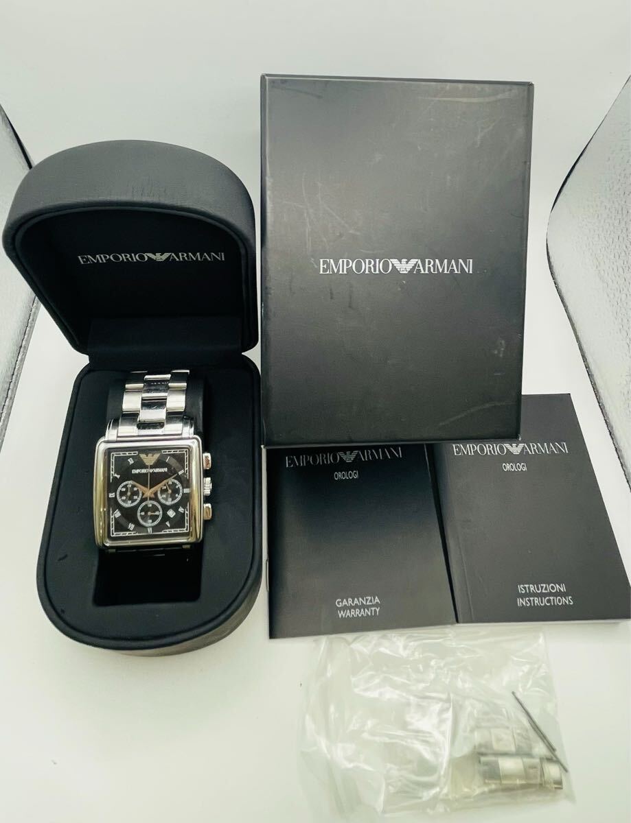 【6Li-18】Emporio Armani エンポリオ アルマーニ AR-5331 ブランド 腕時計 クロノグラフ スクエア 箱付き 小冊子付 黒文字盤 現状品 