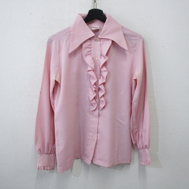 Q567 70sビンテージ Shapely 長袖フリルシャツ■1970年代製 表記11サイズ レディース ピンク ブラウン アメカジ ストリート 古着 古着卸