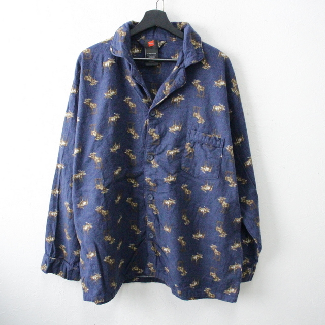 T891 2000年代製 Hanes ヘインズ 長袖パジャマシャツ■00s 表記XLサイズ ネイビー 紺 アニマル 柄 アメカジ 古着 古着卸 激安 90s 80s