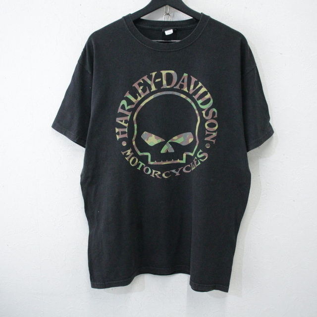 m928 2000年代製 ハーレーダビッドソン 半袖プリントTシャツ■00s 表記Lサイズ ブラック 黒 スカル アメカジ ストリート 古着 激安 90s
