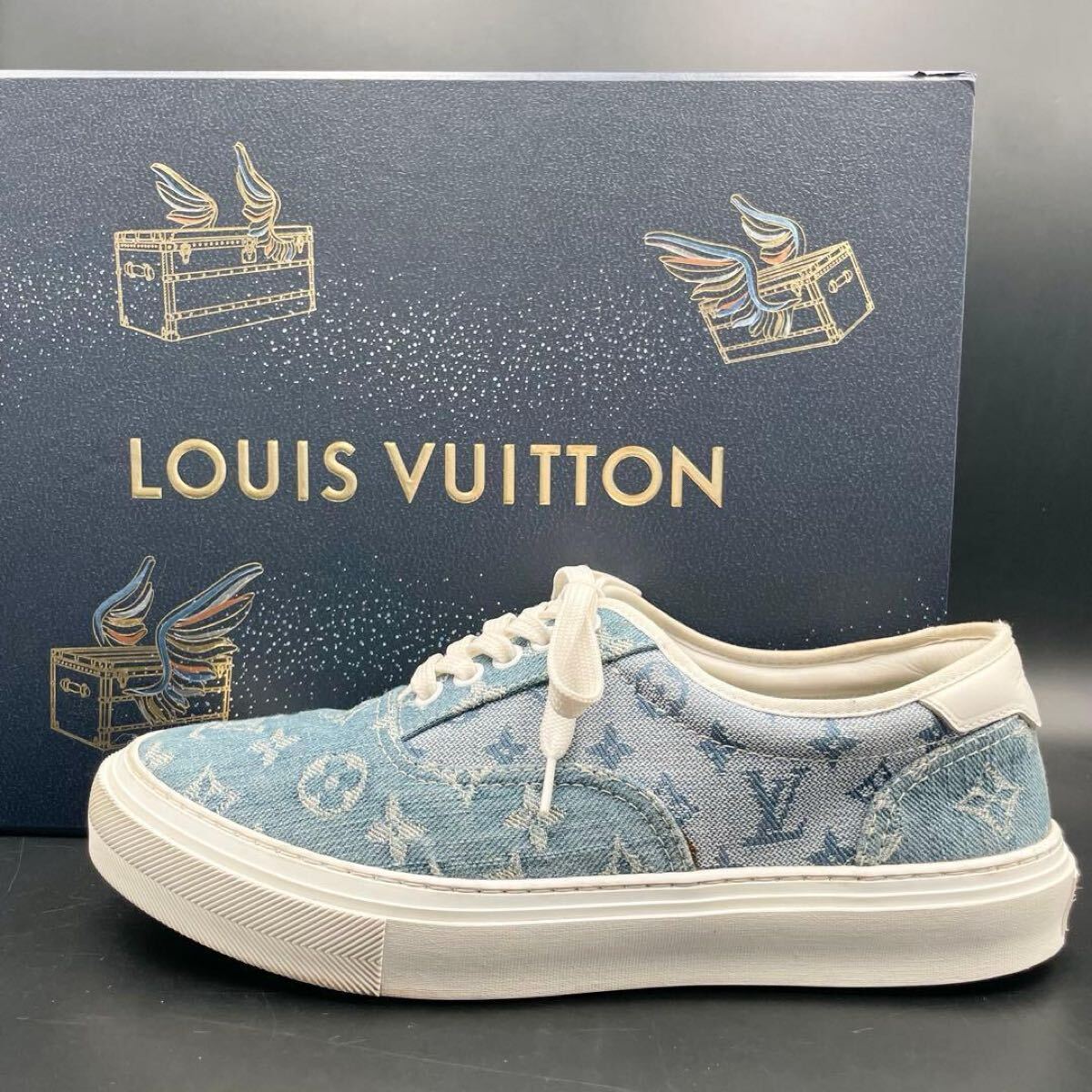 1円【美品】LOUIS VUITTON ルイヴィトン トロカデロライン スニーカー モノグラム ロゴ メンズ デニム ブルー 青 シューズ 靴 25.5cm相当