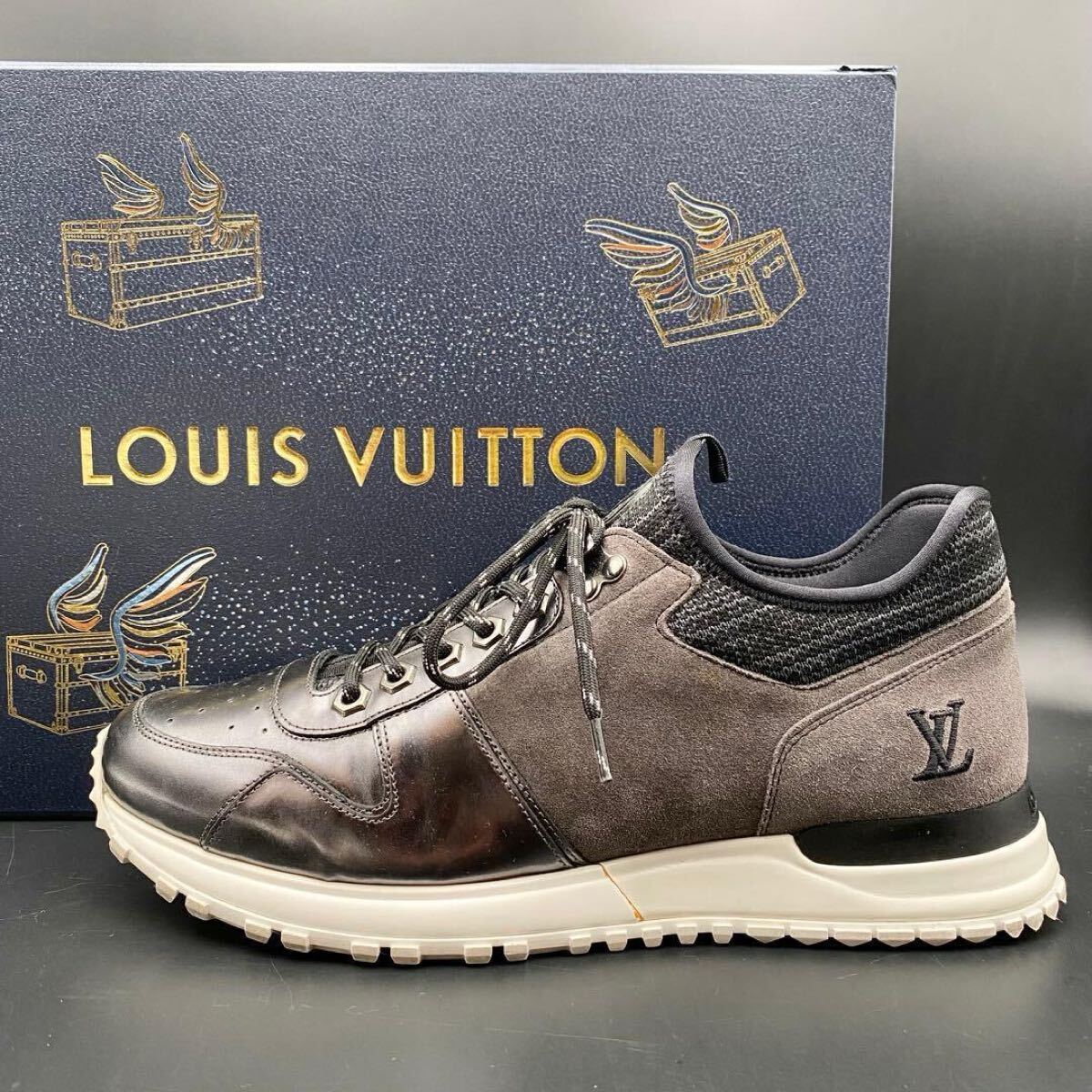 1円【極美品】LOUIS VUITTON ルイヴィトン ランアウェイ スニーカー モノグラム LVロゴ メンズ レザー グレー ブラック 黒 靴 26cm相当