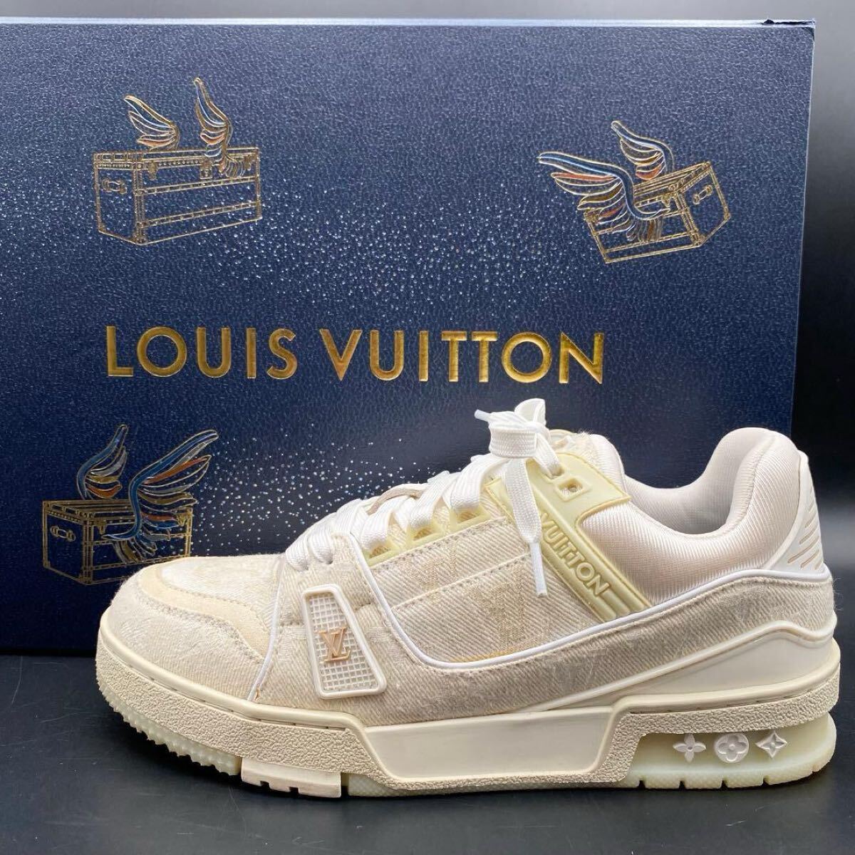 1円【極美品】LOUIS VUITTON ルイヴィトン LVトレイナーライン スニーカー モノグラム ロゴ メンズ デニム アイボリー シューズ 24.5cm相当