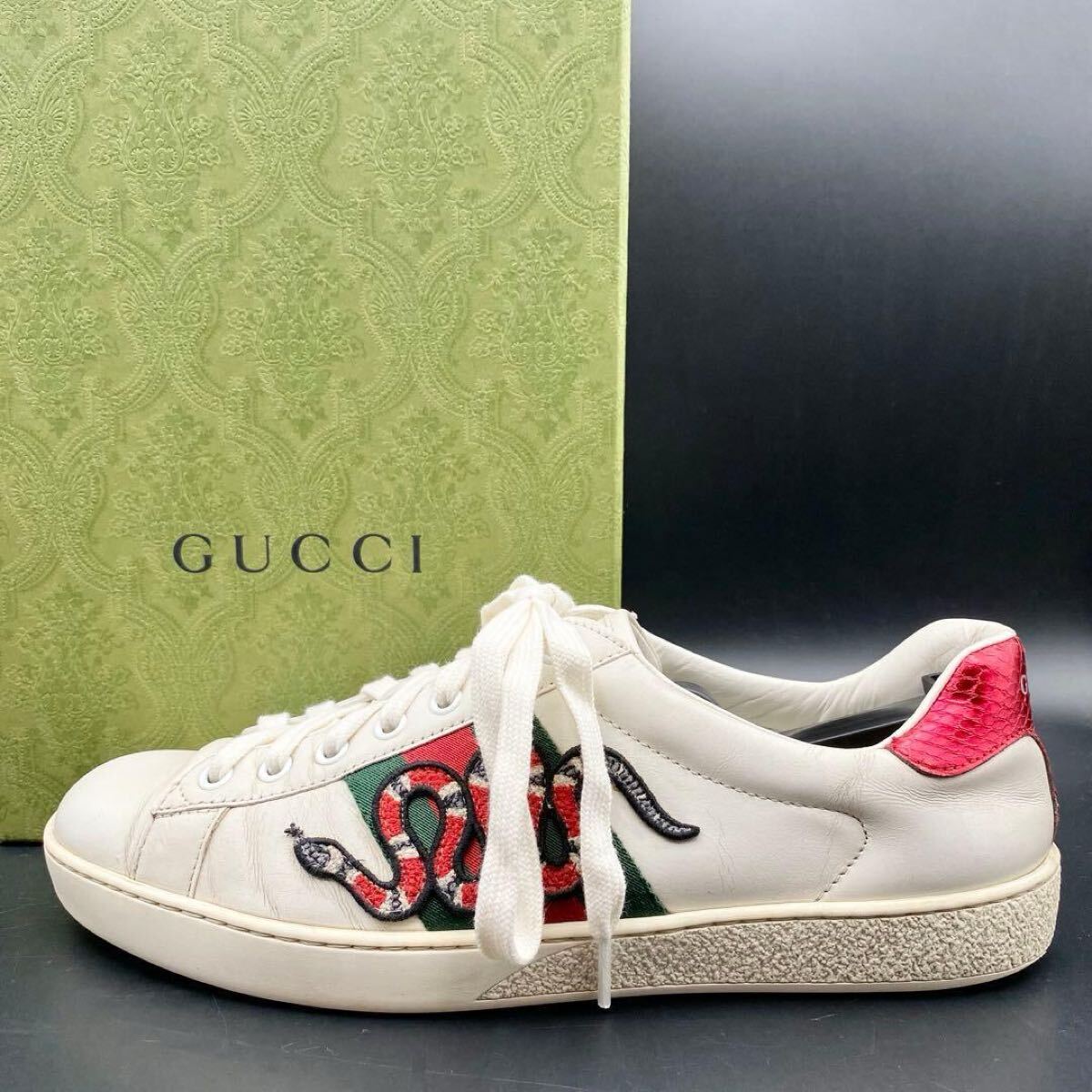 1円 【王者の風格】GUCCI グッチ エース スニーカー シェリーライン スネーク ヘビ ロゴ メンズ レザー ホワイト 白 シューズ 靴 26cm相当