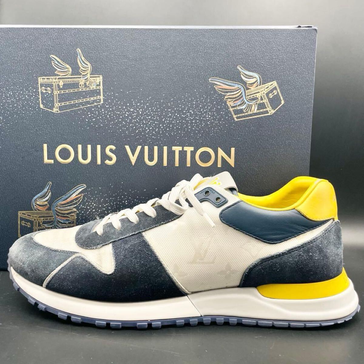 1円【24年製】LOUIS VUITTON ルイヴィトン ランアウェイ スニーカー モノグラム ロゴ メンズ レザー ジャガード マリーヌ ブルー 白 28cm