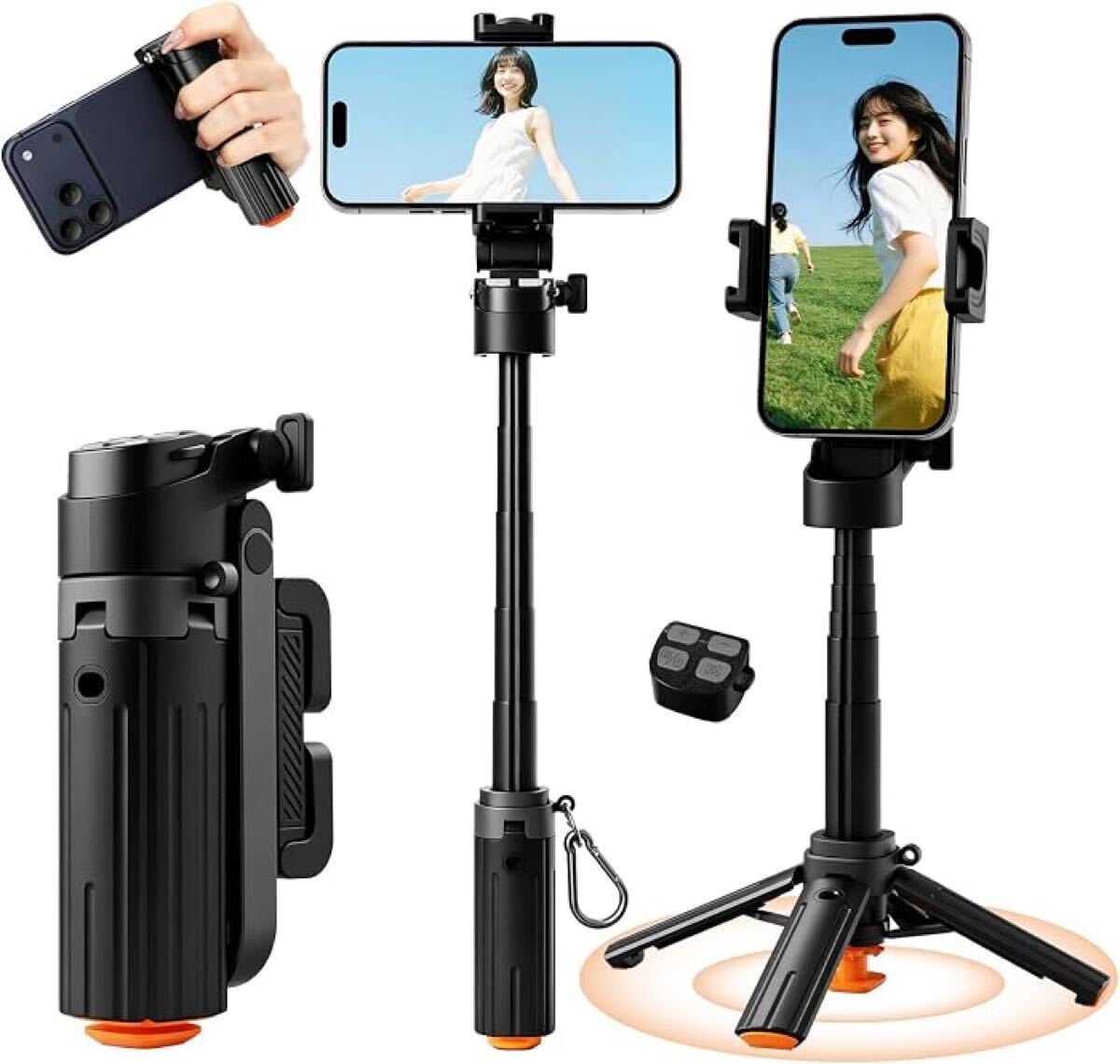 自撮り棒 多機能スマホグリップ【2026年新登場・ワンタッチ自動展開・業界超ミニ・四脚安定モデル】スマホスタンド 安定性アップ