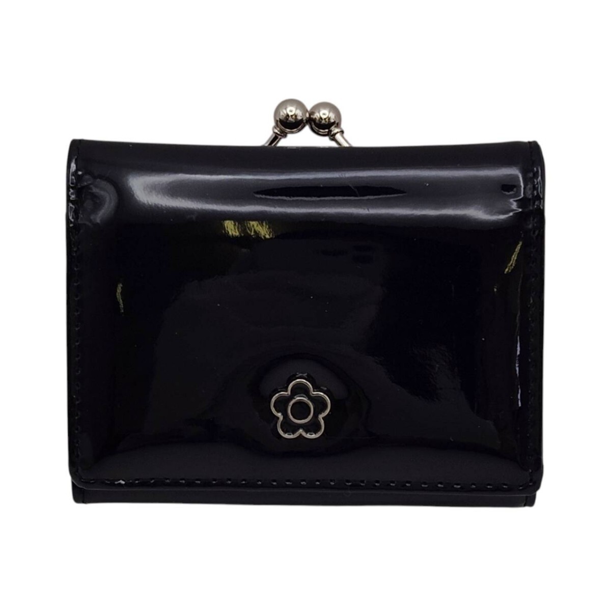 S-10248 MARY QUANT マリークワント 三つ折り財布 がま口 パテント エナメル ブラック フラワー デイジー 花柄 現状品 02