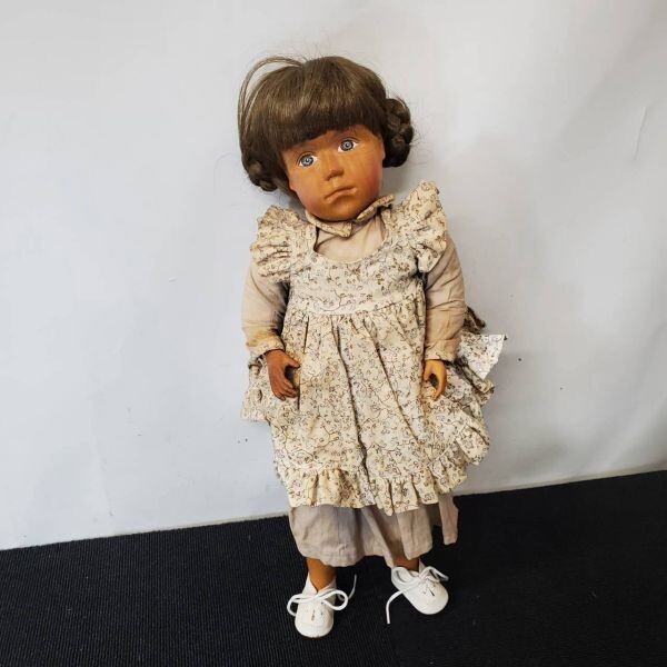 X166-O73-7 ビンテージ風 女の子ドール 人形 小花柄エプロンドレス 昭和レトロ ハンドメイド アンティークドール 全高約46cm OE