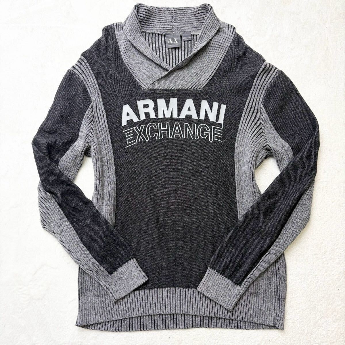 3721 美品◎希少XL ARMANI EXCHANGE アルマーニエクスチェンジ コットン ニット セーター トップス ショールカラー デカロゴ グレー 薄手