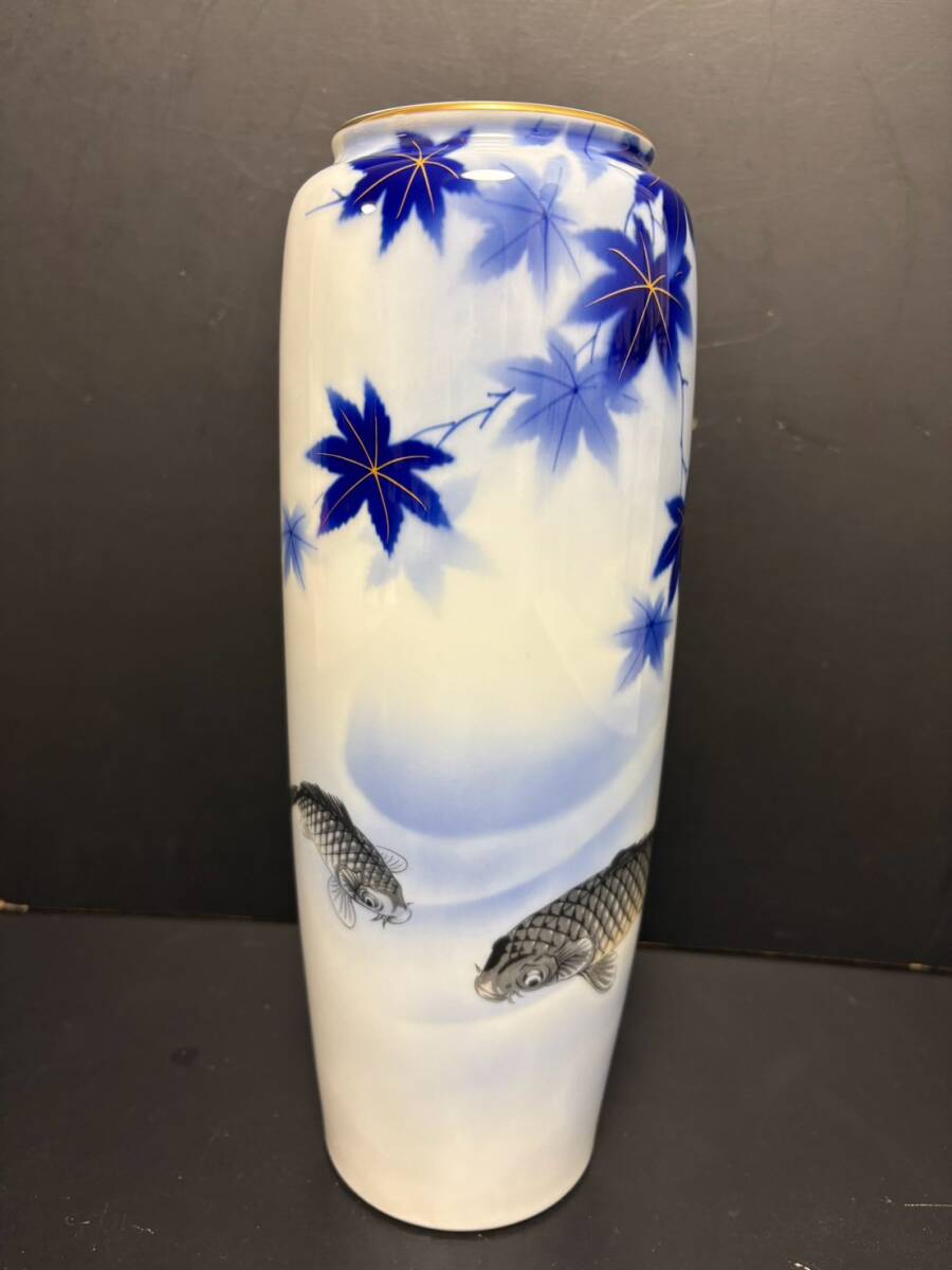 ★a-123　深川製磁 深川製 花瓶 花びん フラワーベース 金彩 美品 鯉 魚 紅葉 もみじ 金縁 H：約28㎝